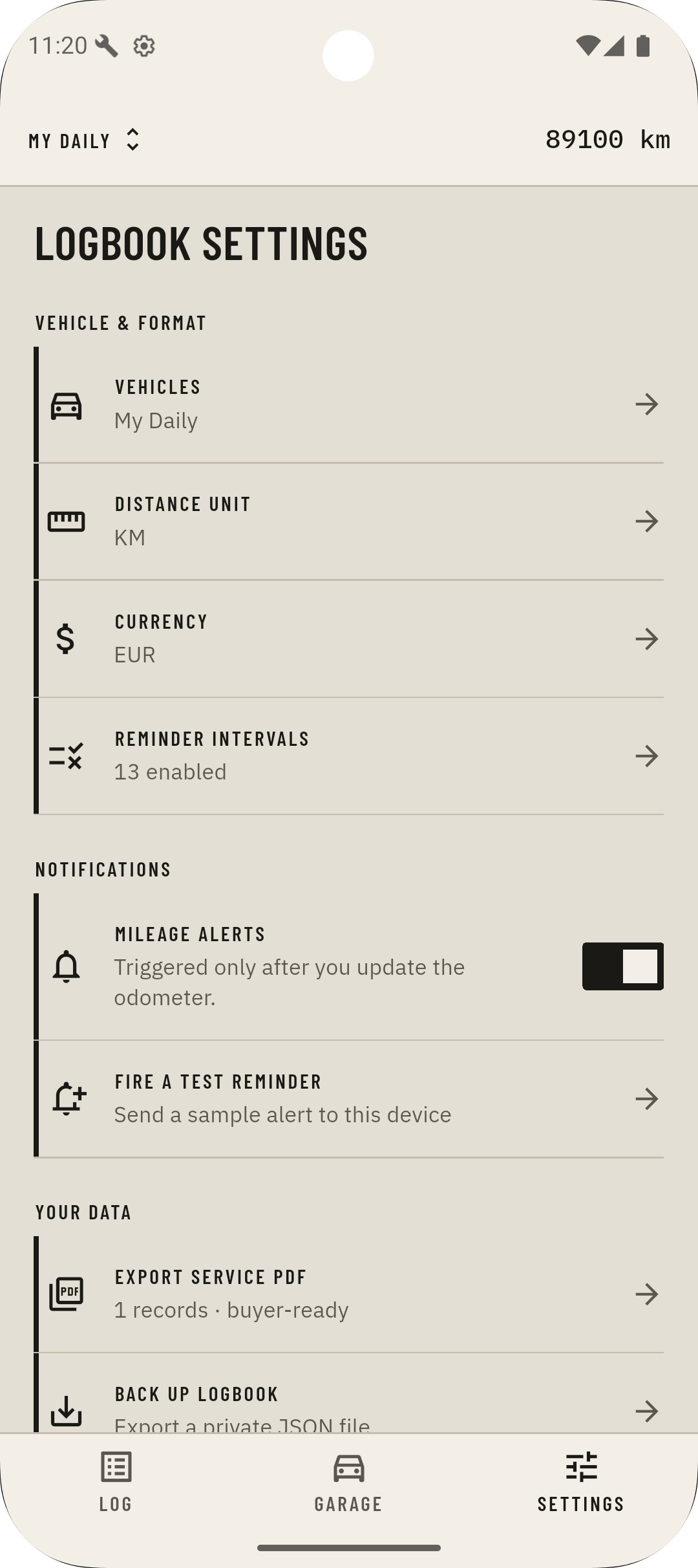 Garage list of vehicles with an active-vehicle switcher