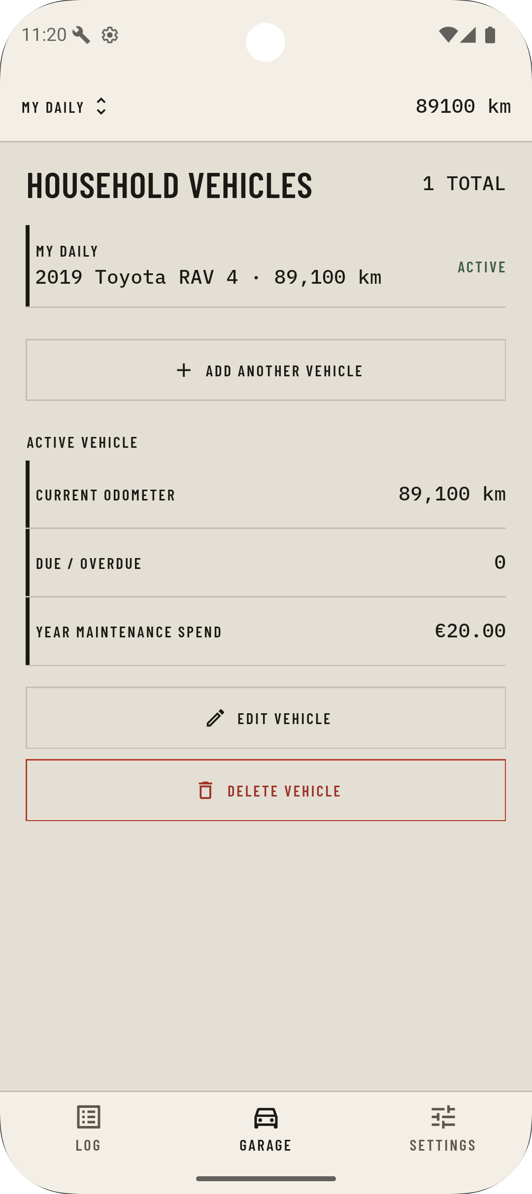 Service entry form for type, odometer, date, cost, shop, notes, and receipt